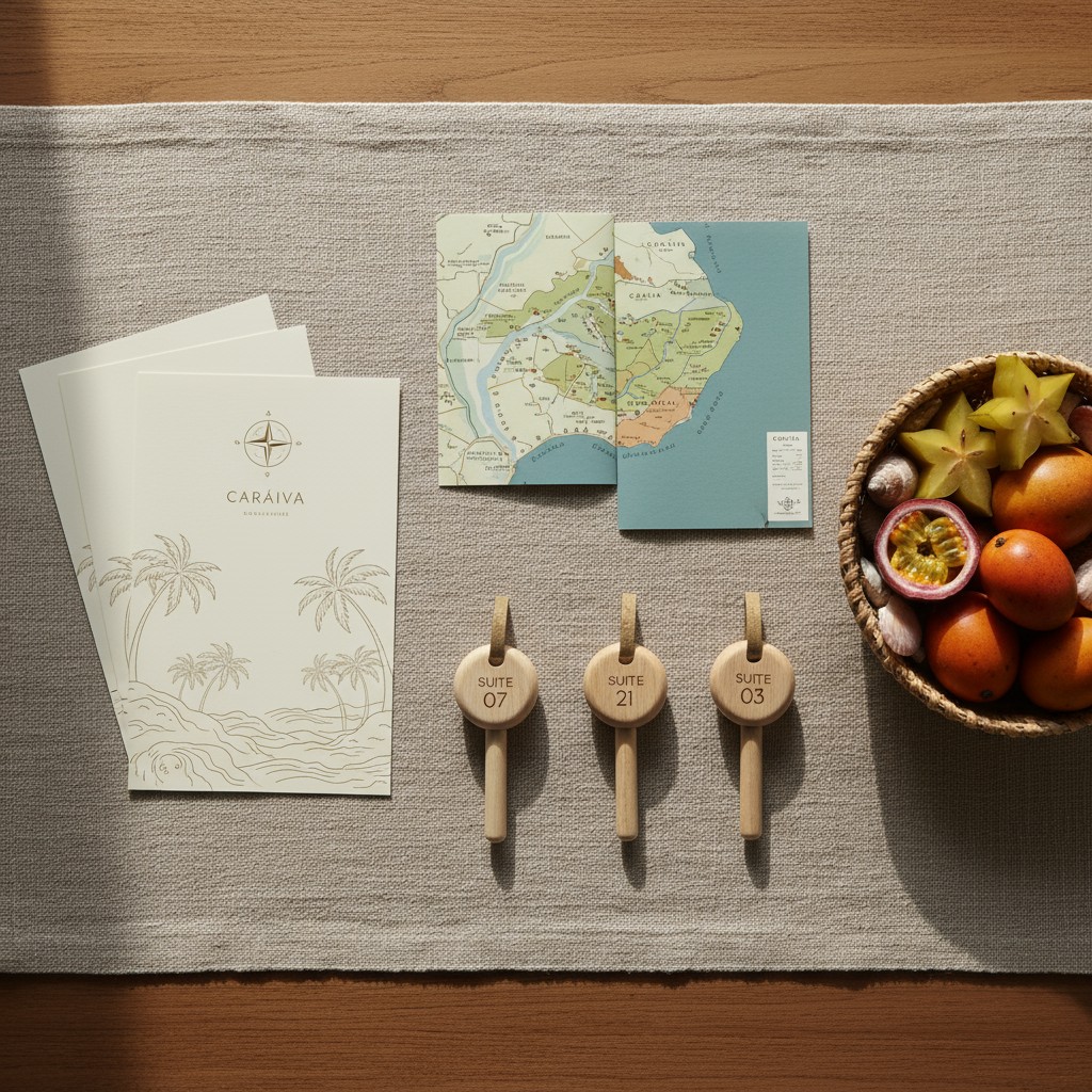 A collection of items laid out on a tablecloth, including a map, a basket of fruit, and keychains.
